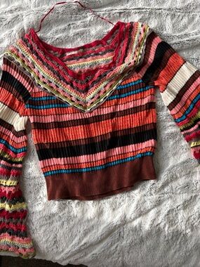 Free People Multicolor Striped V-Neck Women’s Sweater